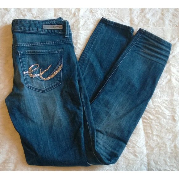 EXPRESS Dark Blue Distressed Skinny Jeans Women's size 4 x 31 Sequin back pocket